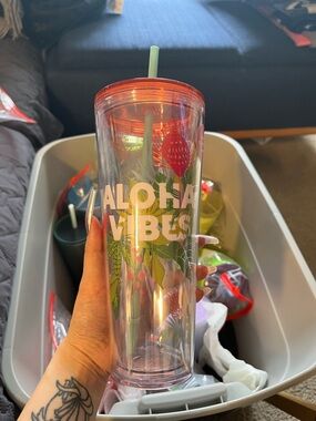 Starbucks Clear Tropical Floral Aloha Vibes Tumbler with Orange Lid